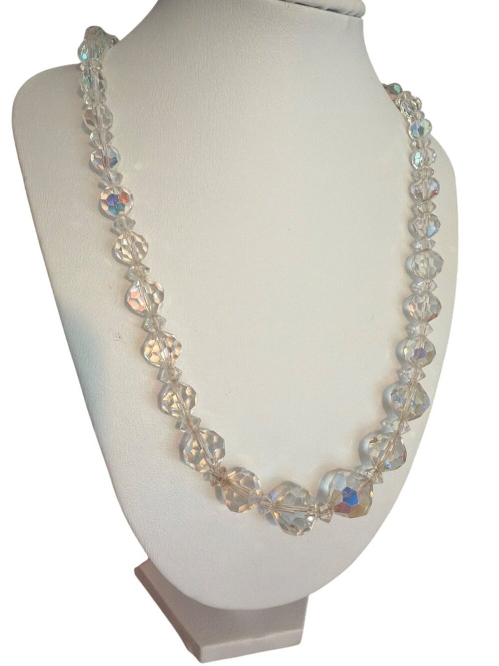 Vintage Aurora Borealis Graduated Crystal Beaded Necklace Gold Tone Clasp 30"